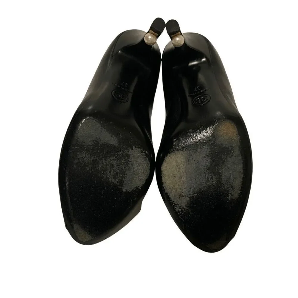 Chanel Interlocking CC Logo Black Leather Pumps EU 37 US 6-6.5 Pearl High Heels
